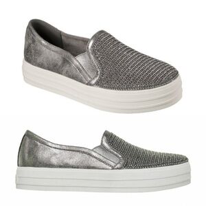 SKECHERS Double Up Shiny Dancer Sneakers Metallic Faux Suede/Rhinestones- 9.5